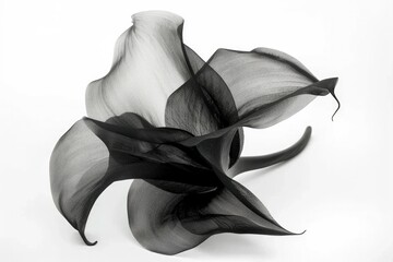 calla lily made of black tulle fabric, on white background,