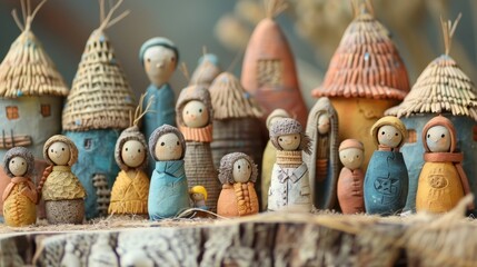 A group of cute clay figurines of people and houses with thatched roofs