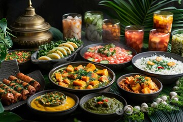 Assorted indian food on dark wooden background. Bowls with different dishes of indian cuisine. Pilaf, butter chicken curry, rice, palak paneer. - obrazy, fototapety, plakaty
