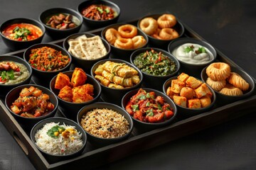 Assorted indian food on dark wooden background. Bowls with different dishes of indian cuisine. Pilaf, butter chicken curry, rice, palak paneer.