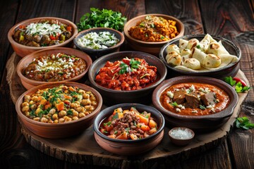 Assorted indian food on dark wooden background. Bowls with different dishes of indian cuisine. ...