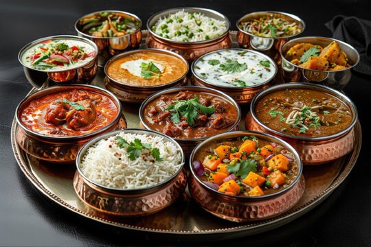 Assorted indian food on dark wooden background. Bowls with different dishes of indian cuisine. Pilaf, butter chicken curry, rice, palak paneer.