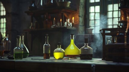 potion bottle laboratory room 3d rendering - obrazy, fototapety, plakaty
