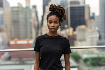 Fototapeta premium African American female model with dreadlocks - black t-shirt mockup - blurred city background - fashion posture