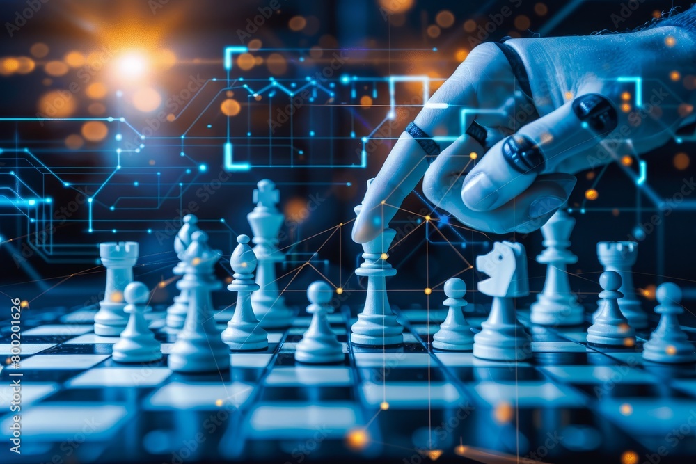Poster ai robot s hand closely playing chess, detailed view of artificial intelligence in chess match