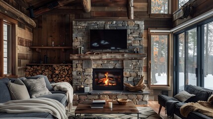 A cozy cabin retreat with a stone fireplace, knotty pine walls, and oversized windows
