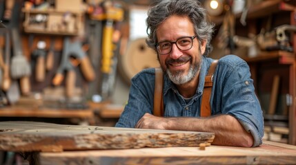 A handsome, bearded man in his 40s wearing glasses, a denim shirt, and suspenders is leaning on a wooden table in a workshop. He has a warm smile on his face.
