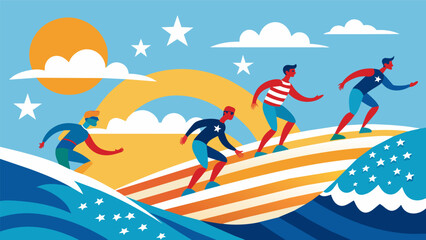 The ocean glitters under the bright sun as surfers clad in stars and stripes wetsuits ride the crest of the waves a stunning display of patriotism and. Vector illustration