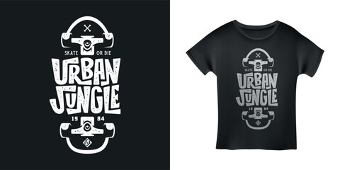 Skateboarding t-shirt design. Urban jungle skating. Skateboard typography. Vector vintage illustration.