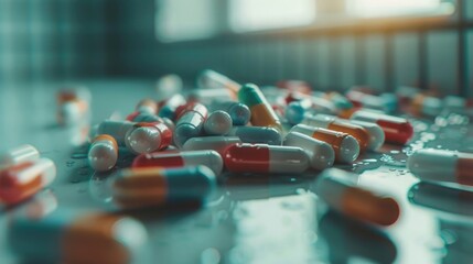 Prescription medicine drug pills scattered on white countertop addiction opioid epidemic crisis painkiller benzodiazepine - obrazy, fototapety, plakaty
