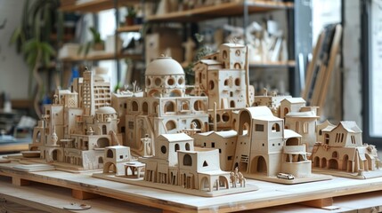 A miniature clay model of an intricate cityscape with various buildings, domes, and arches.