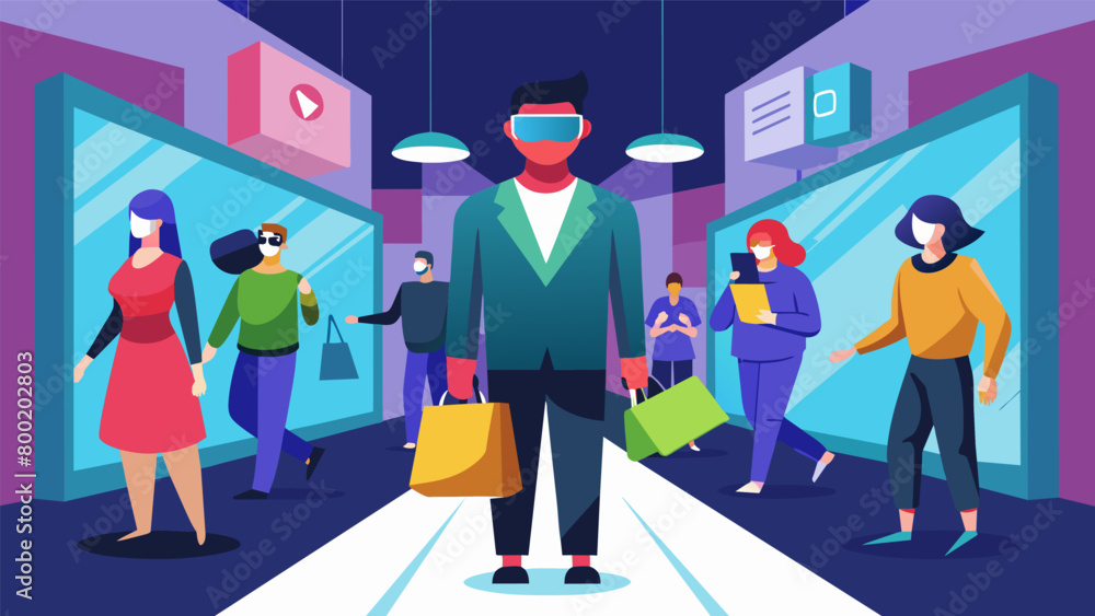 Poster a virtual reality simulation of a busy shopping mall helping someone with agoraphobia gradually conf
