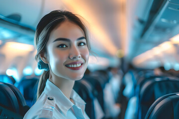 Stewardess smiling in airplane