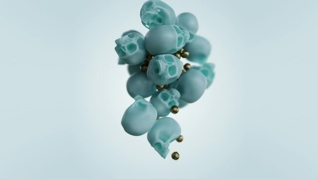 3d animation. falling rubber skulls