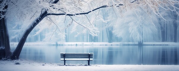 bench in park in cold snowy winter landscape by lake