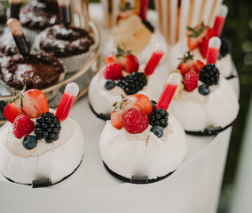 Outdoor wedding dessert display featuring beautifully decorated homemade cakes and sweets made from fresh ingredients set against a blurred backdrop 