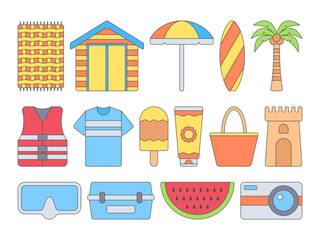 Colorful vector set featuring beach holiday equipment icons such as diving goggles, surfboard, beach mat, umbrella, and many more.