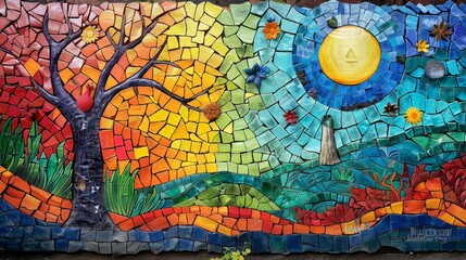 A mosaic artwork made of colorful tiles depicting a tree with a large yellow sun and a blue crescent moon.