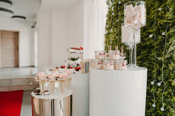 Outdoor wedding dessert display featuring beautifully decorated homemade cakes and sweets made from fresh ingredients set against a blurred backdrop 