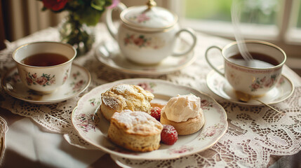 Obraz na płótnie Canvas A table set with a variety of scones, clotted cream, and tea.