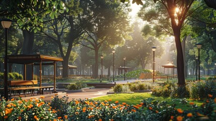 A park with a lot of trees, benches, and flowers. The sun is shining through the trees.