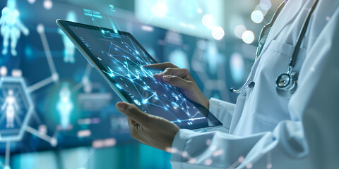 . Doctor holding tablet with digital interface, checking patient records