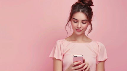 A young woman using her smartphone against a pastel background.