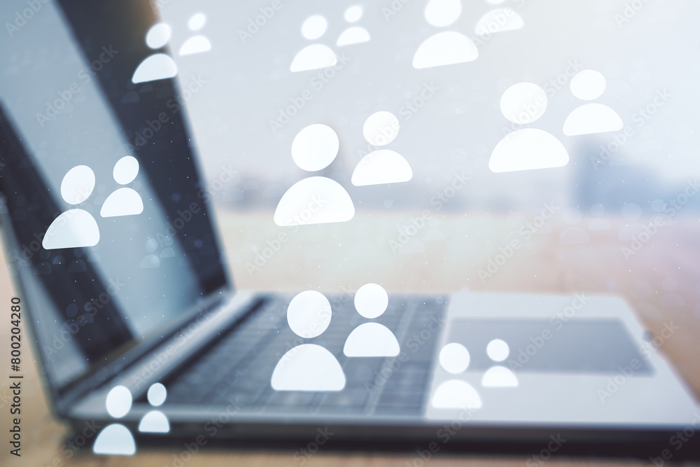 Fototapete double exposure of social network icons concept with computer on background. networking concept
