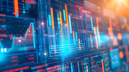 Many charts and graphs. Reflection light and flare. Concept image of data gathering and statistical working