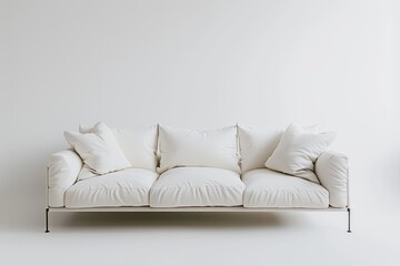 A minimalist sofa with slender metal legs offers understated elegance