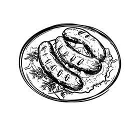 Meat sausages on plate. Food of different countries. Black and white outline on white background. Hatching.