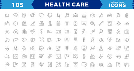 Medicine and Health symbols pixel Perfect Line Icons set. Vector illustration in modern thin line style of medical icons: instruments, Containing treatment,prevention, medical,health,editable Stroke