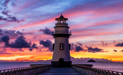 Beautiful lighthouse building and colorful sky clouds natural landscape at dawn by the seaside,...