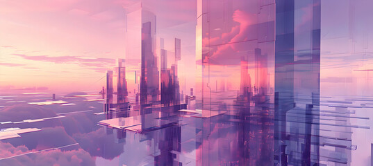 A digital photograph showcasing a geometric, technologically advanced cityscape at sunset, with sharp angles and a soft pink and lavender sky