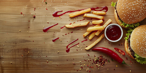 burger french fries peppers and ketchup on wooden surface, top view fast food hamburger chips and...