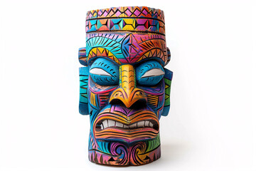 Brightly colored and intricately designed tiki mask isolated on a white background