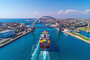 Naklejka premium Aerial perspective of cargo vessel with vivid containers sailing under expansive industrial bridge