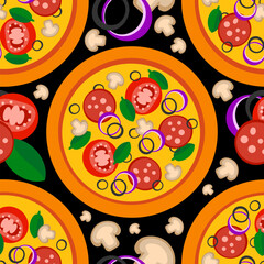 Pizza backdrop. Whole pizza seamless pattern on black background. Fast food cover. Vector illustration EPS 10
