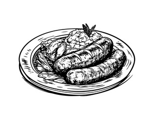 Meat sausages with mashed potatoes on a plate. Food of different countries. Black and white outline on white background. Hatching.