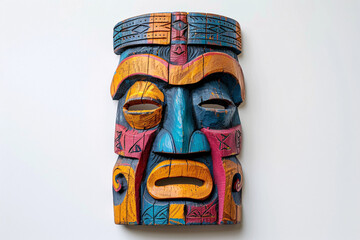 Brightly colored tribal mask with blue and red accents on a white background