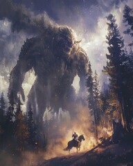 Fantasy art concept knight on horse facing a giant stone monster game cover