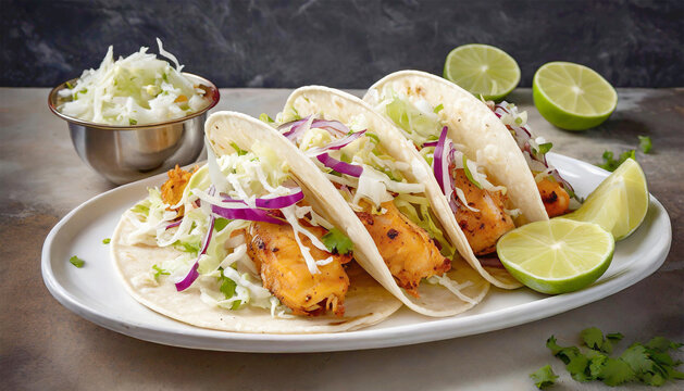 Fish tacos in soft tortillas and topped with a cabbage slaw.