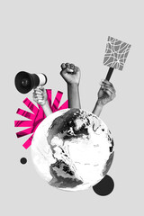 Vertical collage picture human hands protest earth planet demonstration independence day power fist...