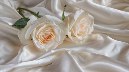 White roses lying on white satin
