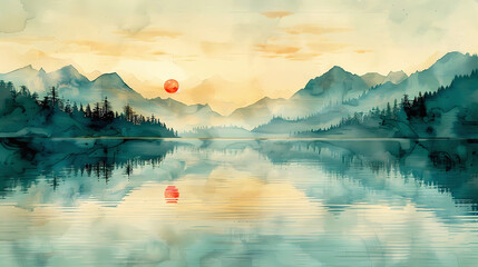 Asian Landscape Watercolor illustration, in traditional ink style: A mountain lake with lush green trees surrounding it