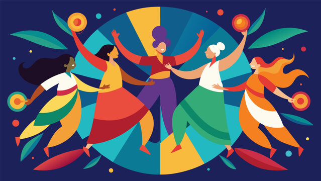 A vibrant and lively mosaic depicting dancers from different cultures joined together in a circle to celebrate unity and freedom.. Vector illustration