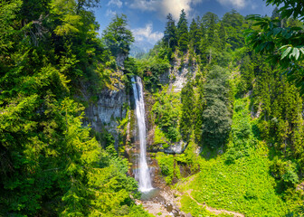 Maral Waterfall. The waterfall on the Maral Stream falls from a height of 63 m. Borcka district,...