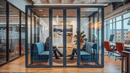 Modern open space office, privacy meeting pod for work