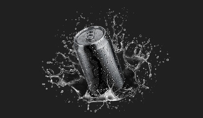 Blank black aluminum 330 ml soda can with drops splash mockup