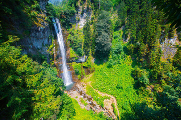 Maral Waterfall. The waterfall on the Maral Stream falls from a height of 63 m. Borcka district,...